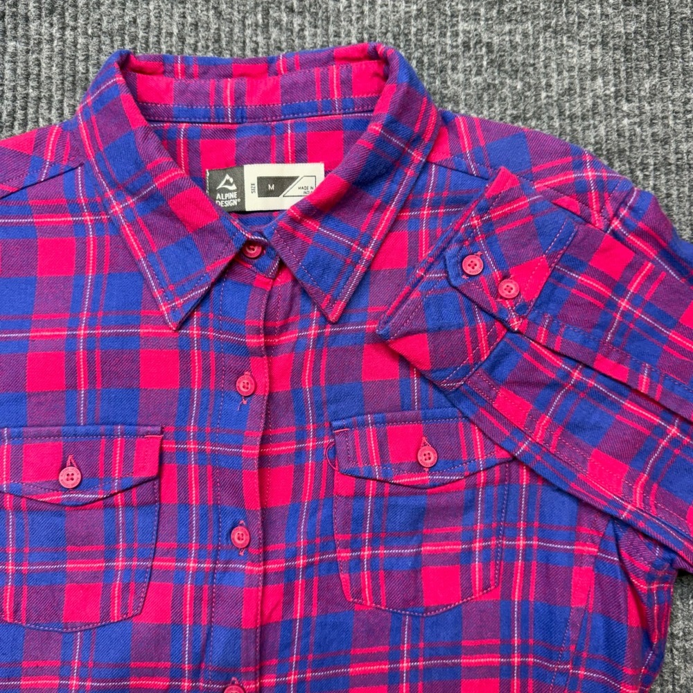 Alpine Design Womens Medium Pink Blue Plaid Flannel Button Up Shirt Cotton